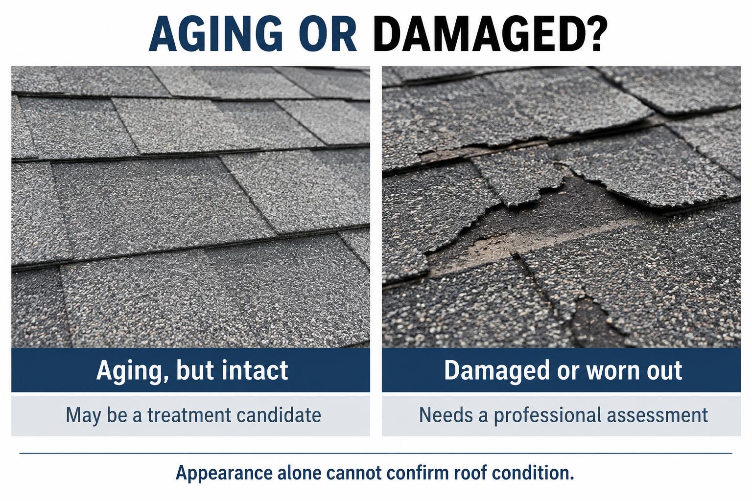 Flat, intact aging shingles compared with cracked, curled shingles and missing granules. Intact shingles may qualify for maintenance; damaged shingles need professional assessment.